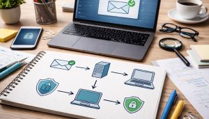Bureau avec flowchart de sécurité email