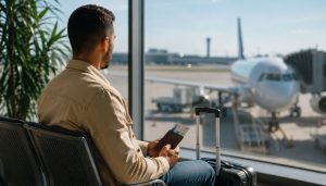 Attente près de la fenêtre de l'aéroport