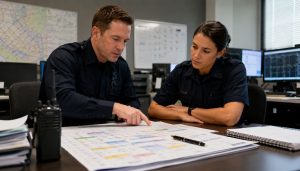 Briefing policier autour d’un planning coloré