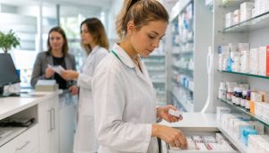 Pharmacienne organisant des médicaments en officine