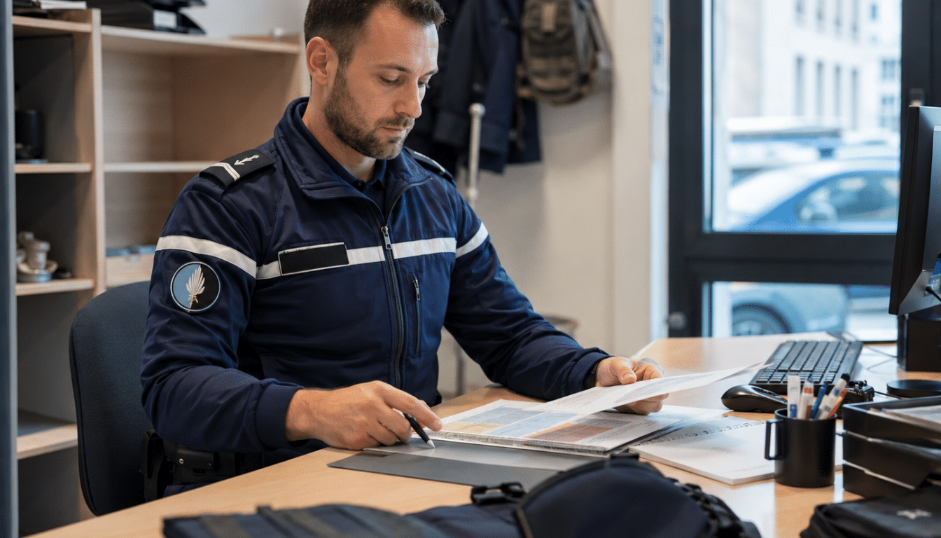 Agent en uniforme examinant des dossiers