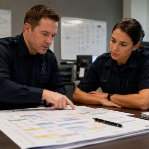 Briefing policier autour d’un planning coloré