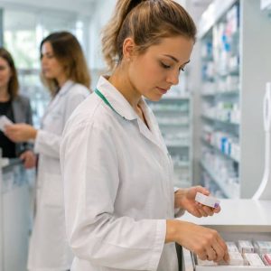 Pharmacienne organisant des médicaments en officine